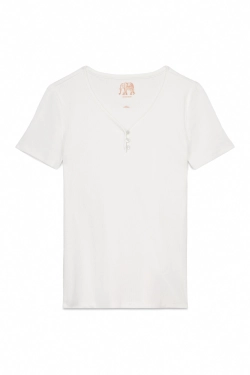 Футболка в рубчик з мереживом та перламутровими ґудзиками