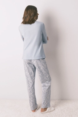 Довга піжама зі 100% бавовни синя з квітковим принтом