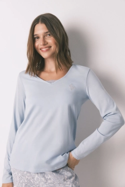 Довга піжама зі 100% бавовни синя з квітковим принтом