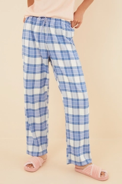 Длинные фланелевые пижамные брюки синевого цвета в клетку