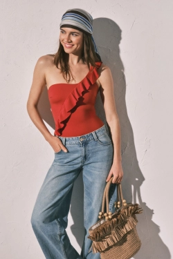 Купальник коригуючий асиметричний з воланом помаранчевий