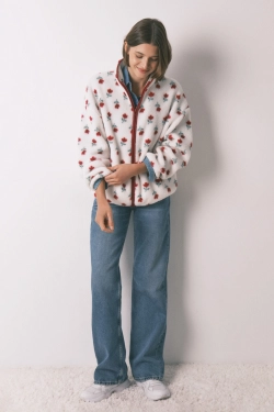 Білий халат із квітковим принтом зі штучної овчини