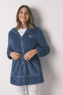 Синій флісовий халат міді з капюшоном