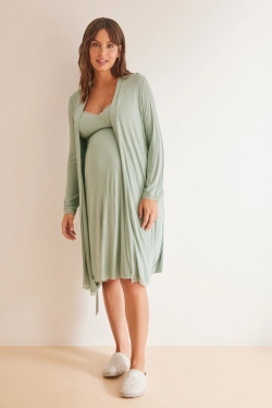 Зелена нічна сорочка для вагітних в рубчик на бретелях
