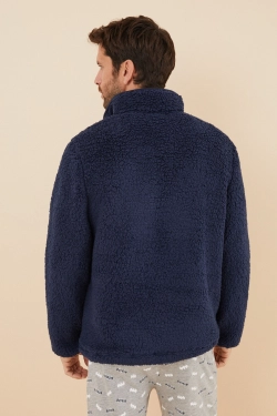 Короткий мужской халат из искусственной овчины темно-синего цвета