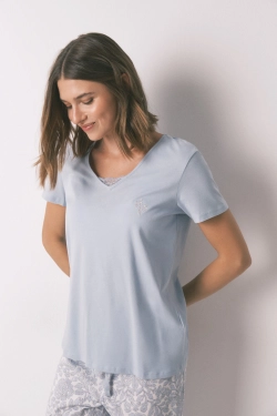 Синя бавовняна піжама з квітковим принтом