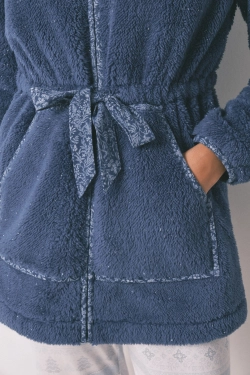 Синій флісовий халат міді з капюшоном