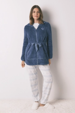 Синій флісовий халат міді з капюшоном