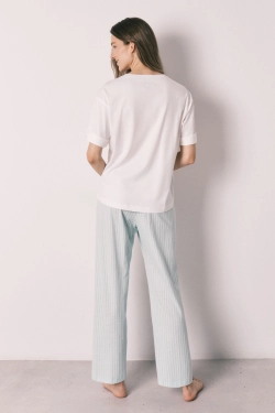 Коротка піжама з бавовни з штанами в зелену смужку