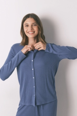 Довга синя піжама в рубчик з блискучим ефектом