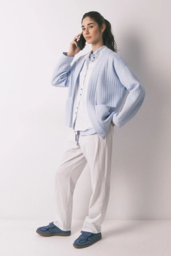 Длинная пижама из хлопка, белая в полоску