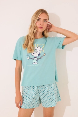 Короткая пижама Snoopy из хлопка зеленого цвета