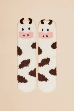 Пушистые носки  3D вышивкой в виде коровы