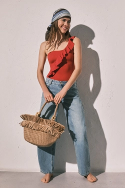 Купальник коригуючий асиметричний з воланом помаранчевий