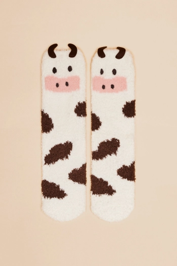 Пушистые носки  3D вышивкой в виде коровы
