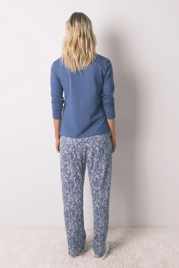 Довга піжама з бавовни синя з квітковим принтом