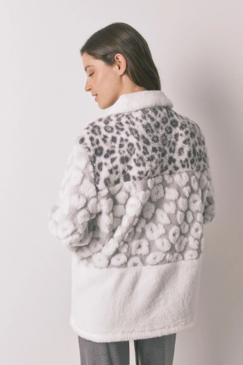 Короткий халат із штучної овчини з триколірним анімалістичним принтом