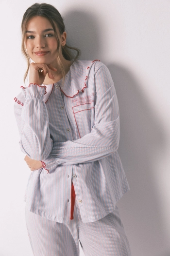 Довга бавовняна піжама з комірцем