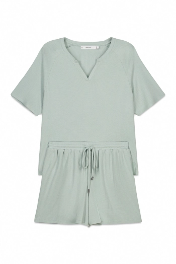 Короткая пижама с вафельной фактурой зелёная