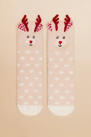 Пухнасті шкарпетки з принтом у вигляді оленя