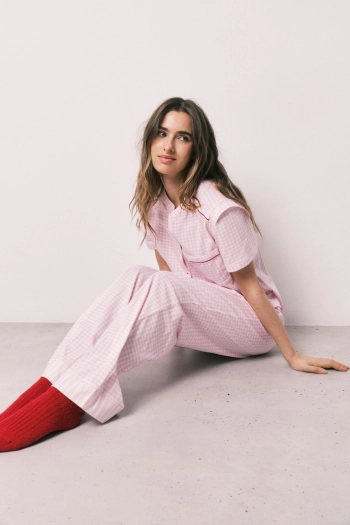 Піжама довга бавовняна в смужку з коротким рукавом