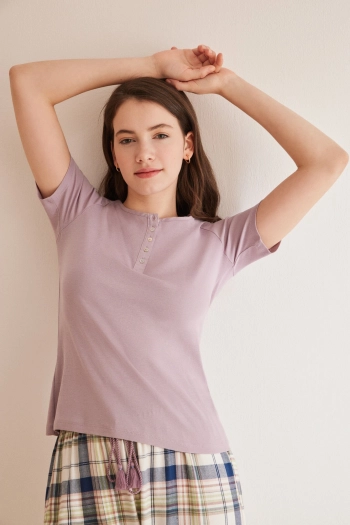 Фиолетовая футболка Henley с короткими рукавами из хлопка