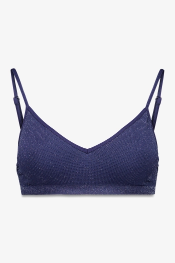 Синий бесшовный топ в рубчик с люрексом