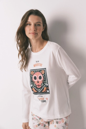 Длинная пижама "Día de muertos" из хлопка цвета слоновой кости