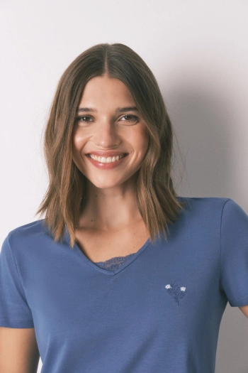 Синя бавовняна піжама з квітковим принтом