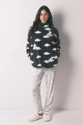 Короткий флисовый халат серого цвета с принтом Moomin