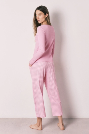 Довга рожева бавовняна піжама у клітинку віші