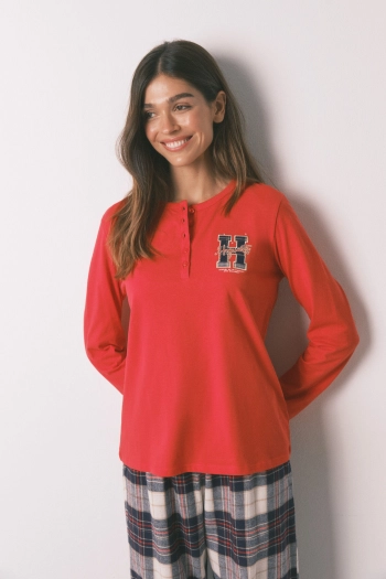 Довга бавовняна піжама з картатими штанами та принтом "Hogwarts"