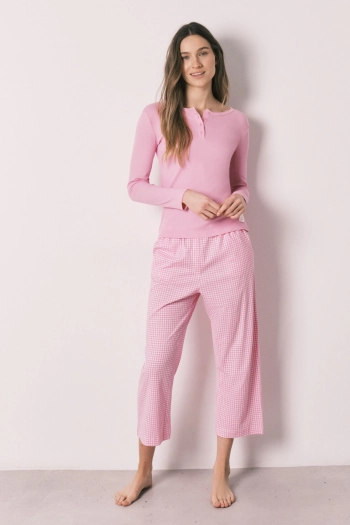 Довга рожева бавовняна піжама у клітинку віші