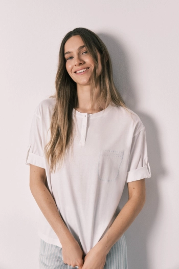 Коротка піжама з бавовни з штанами в зелену смужку