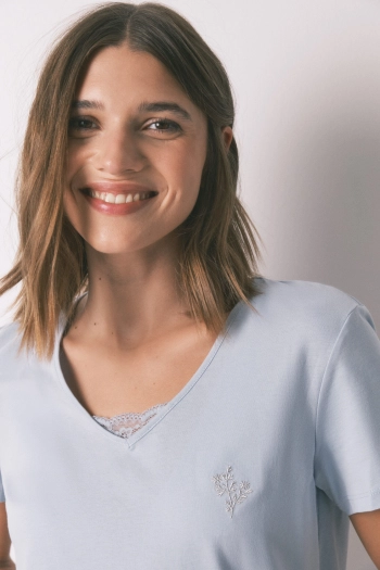 Синя бавовняна піжама з квітковим принтом