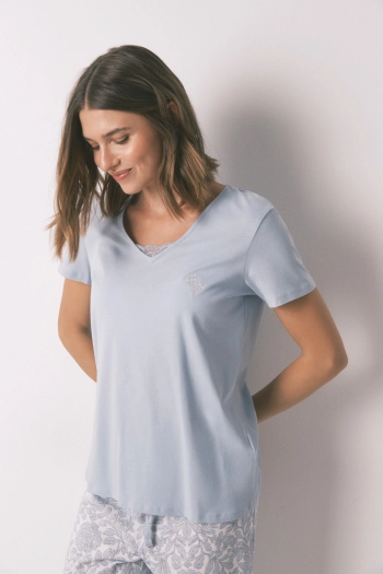 Синя бавовняна піжама з квітковим принтом