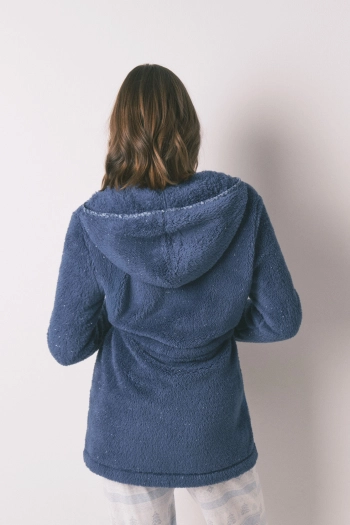 Синій флісовий халат міді з капюшоном