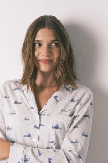 Длинная пижама из 100% хлопка серая с принтом