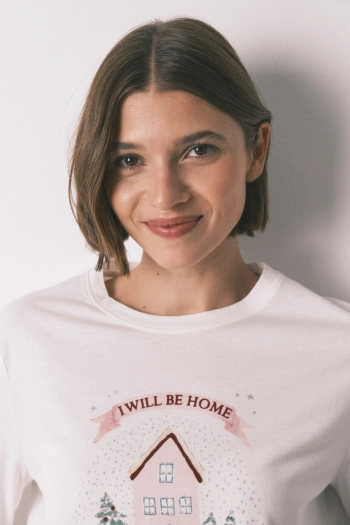 Біла бавовняна футболка з довгими рукавами та різдвяним принтом