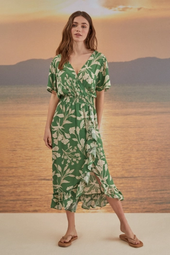 Зелена сукня міді з воланами та квітковим принтом