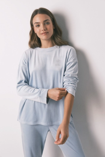 Длинная синяя пижама из велюра в рубчик