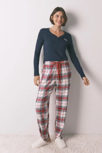 Длинные хлопковые брюки с красным клетчатым принтом