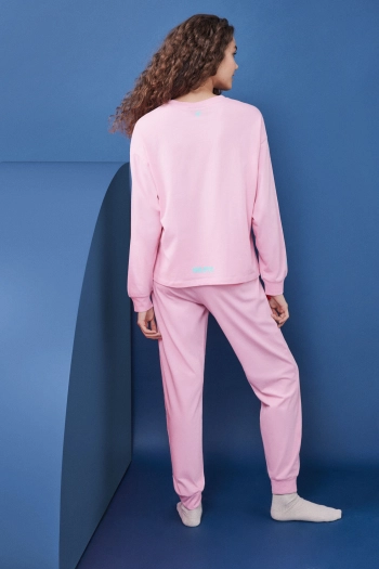 Розовая пижама из хлопка со свитшотом и длинными брюками