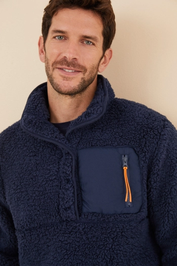 Короткий чоловічий халат зі штучної овчини темно-синього кольору