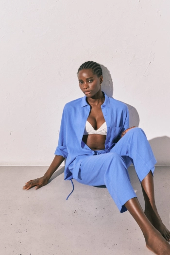 Брюки длинные льняные синие