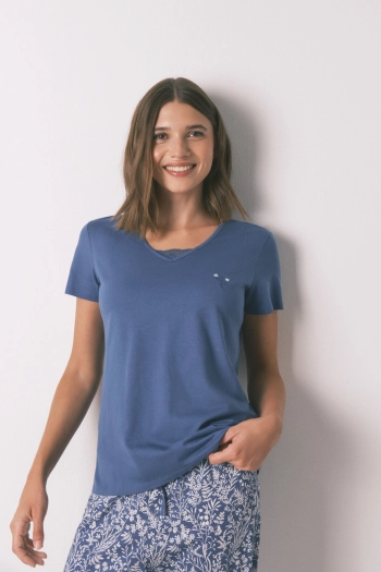 Синя бавовняна піжама з квітковим принтом