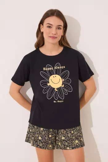 Черная короткая пижама Smiley из хлопка