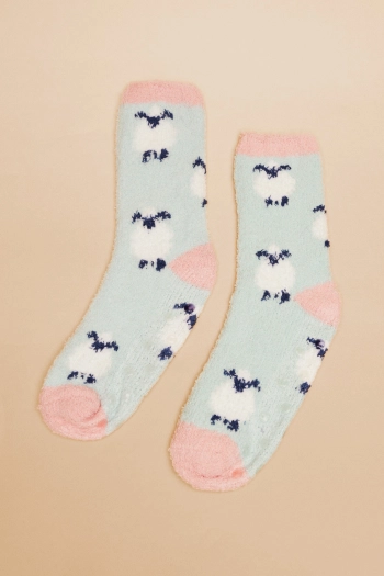 Блакитні пухнасті шкарпетки з принтом у вигляді овечок