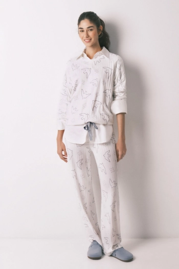 Піжама довга з принтом птахів біла