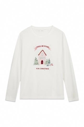 Белая хлопковая футболка с длинными рукавами и рождественским принтом